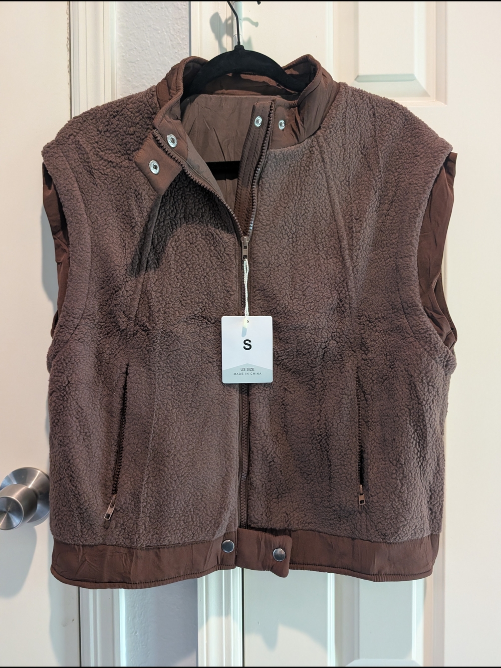 Women’s Brown Sherpa Vest with Snap & Zip Closure